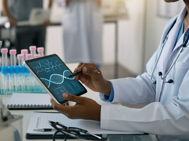 Illustration of a healthcare practitioner reviewing genetic data on a tablet, highlighting the role of functional medicine genomics in personalized treatment.