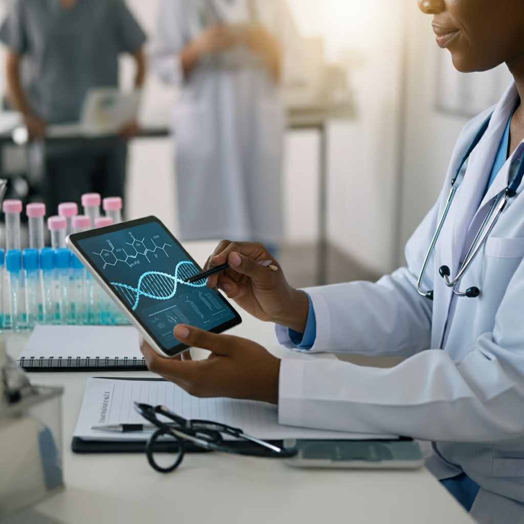 Illustration of a healthcare practitioner reviewing genetic data on a tablet, highlighting the role of functional medicine genomics in personalized treatment.