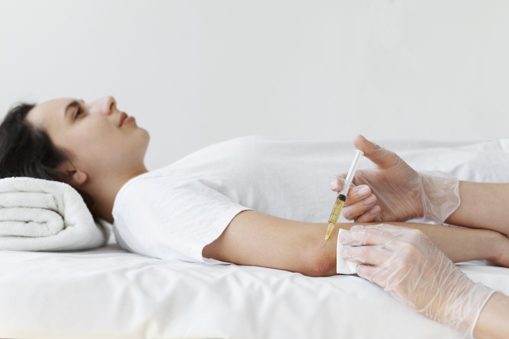 Patient relaxing in a comfortable chair during IV therapy